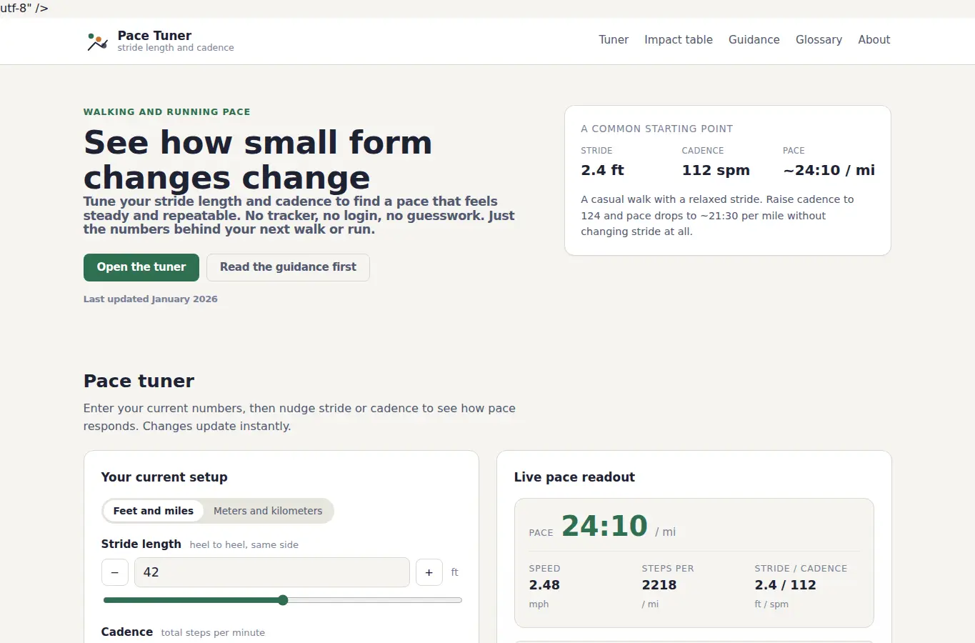 Screenshot of Stride Length & Pace Tuner interface showing the project page in use